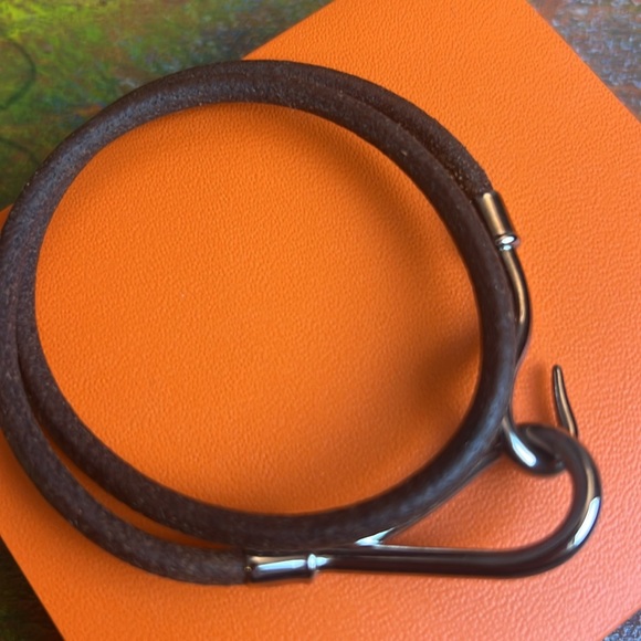 Hermes Hook Bracelet Jumbo Metal Logo Silver Color Brown Leather Chocker 15" - Picture 6 of 13
